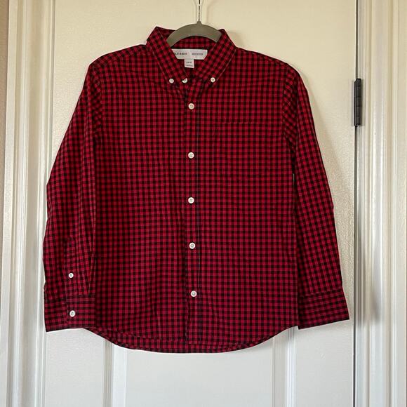 Old Navy Button Down Shirt Boys Large 10/12 Red Black Buffalo Plaid - Picture 1 of 6